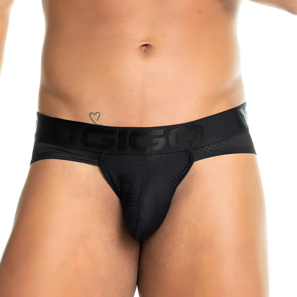 Black mesh brief with textured waistband featuring dgigo logo from gigo camo black brief collection