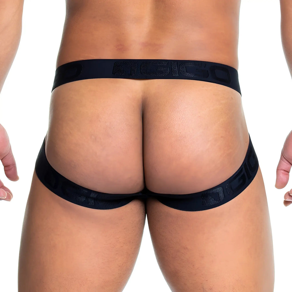 Black elastic briefs with subtle embossed logo across the waistband from gigo camo black jockstrap collection