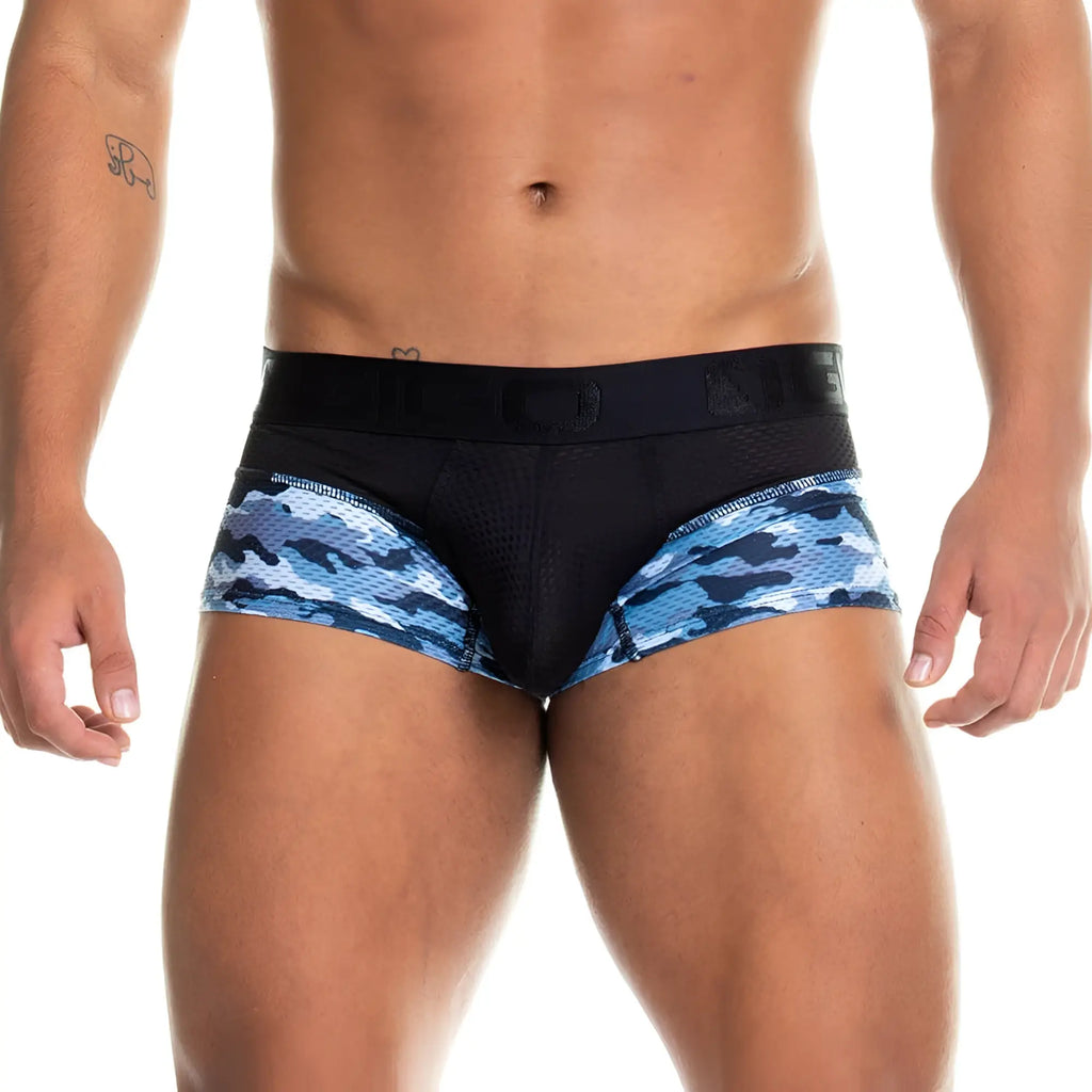 Blue and black camouflage patterned men’s briefs with mesh waistband gigo camo black trunk front view