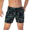Men’s gigo camo green beachwear swim trunks with green camouflage print and drawstring waistband for beach use