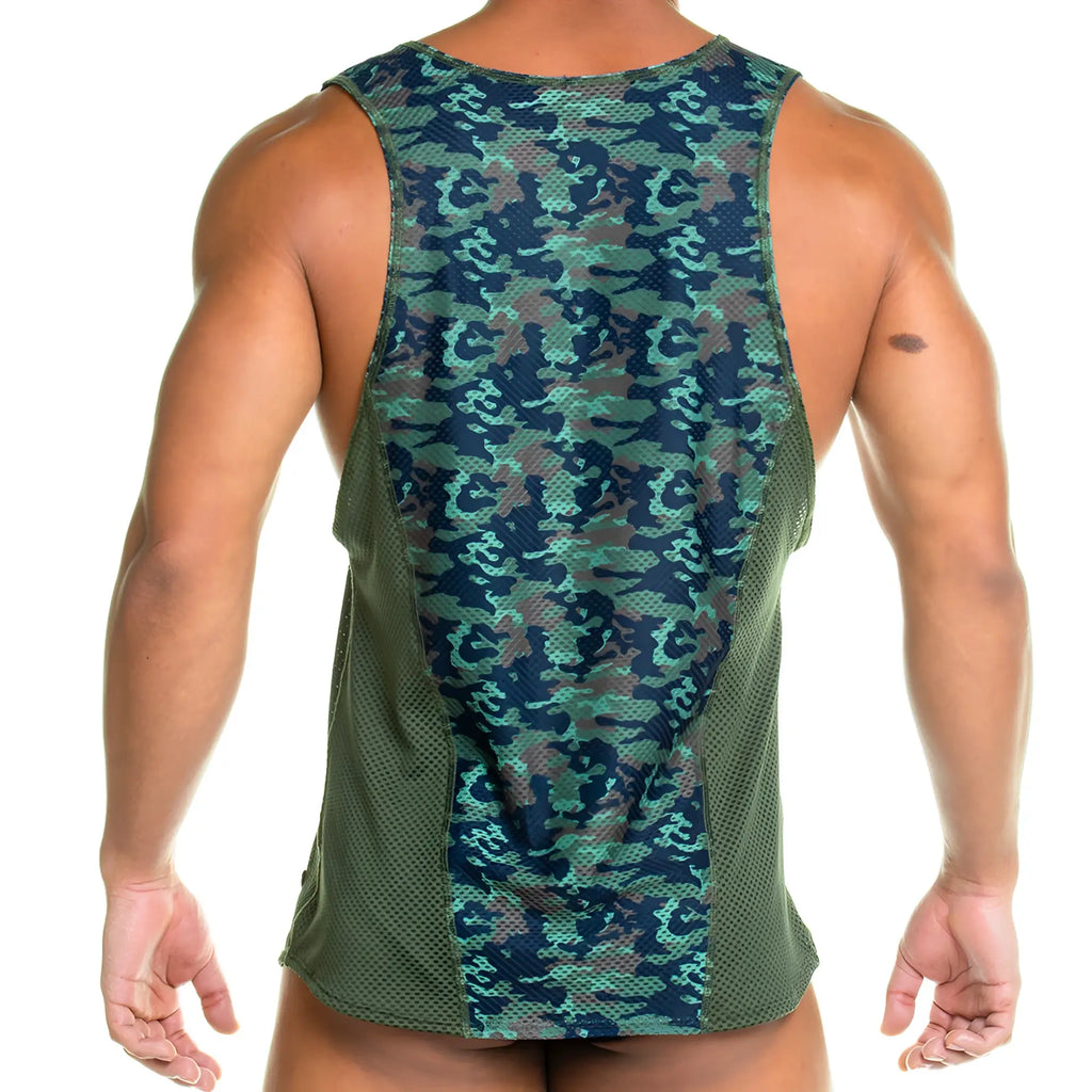 A men’s gigo camo green tank with green and brown camouflage pattern and breathable mesh side panels