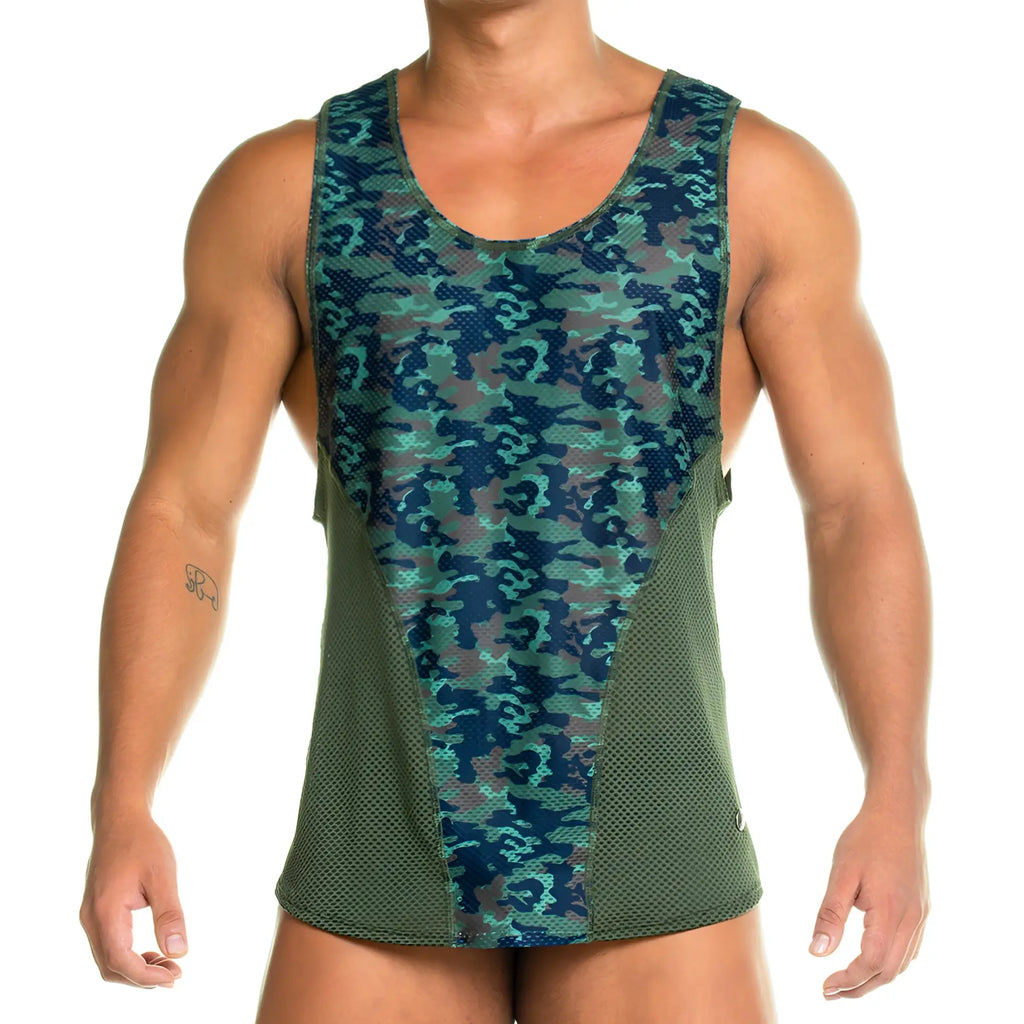 Gigo camo green tank men’s athletic tank top with teal camouflage front panel and olive green mesh side panels