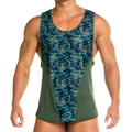 Gigo camo green tank men’s athletic tank top with teal camouflage front panel and olive green mesh side panels