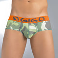 Green and gray camouflage patterned briefs with orange gigo waistband in size s for comfortable underwear use