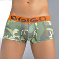Green and gray camouflage patterned boxer briefs with orange gigo waistband size s for comfortable everyday wear