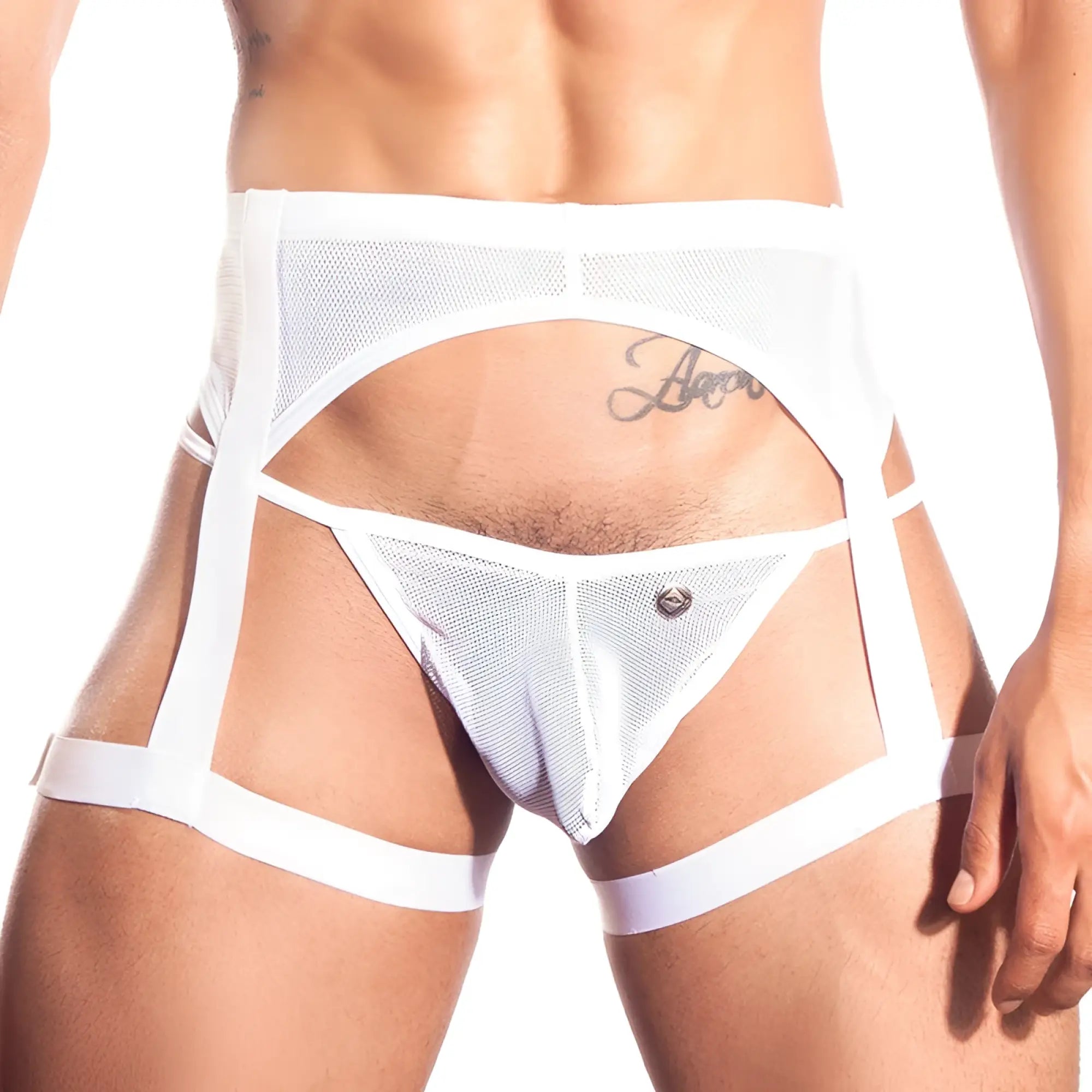White mesh harness style briefs with wide straps and central clasp from gigo candle white garter mesh jock strap size m