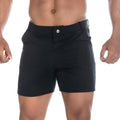 Black men’s tailored cargo shorts in sleek modern design with silver button closure from gigo cargo black short collection