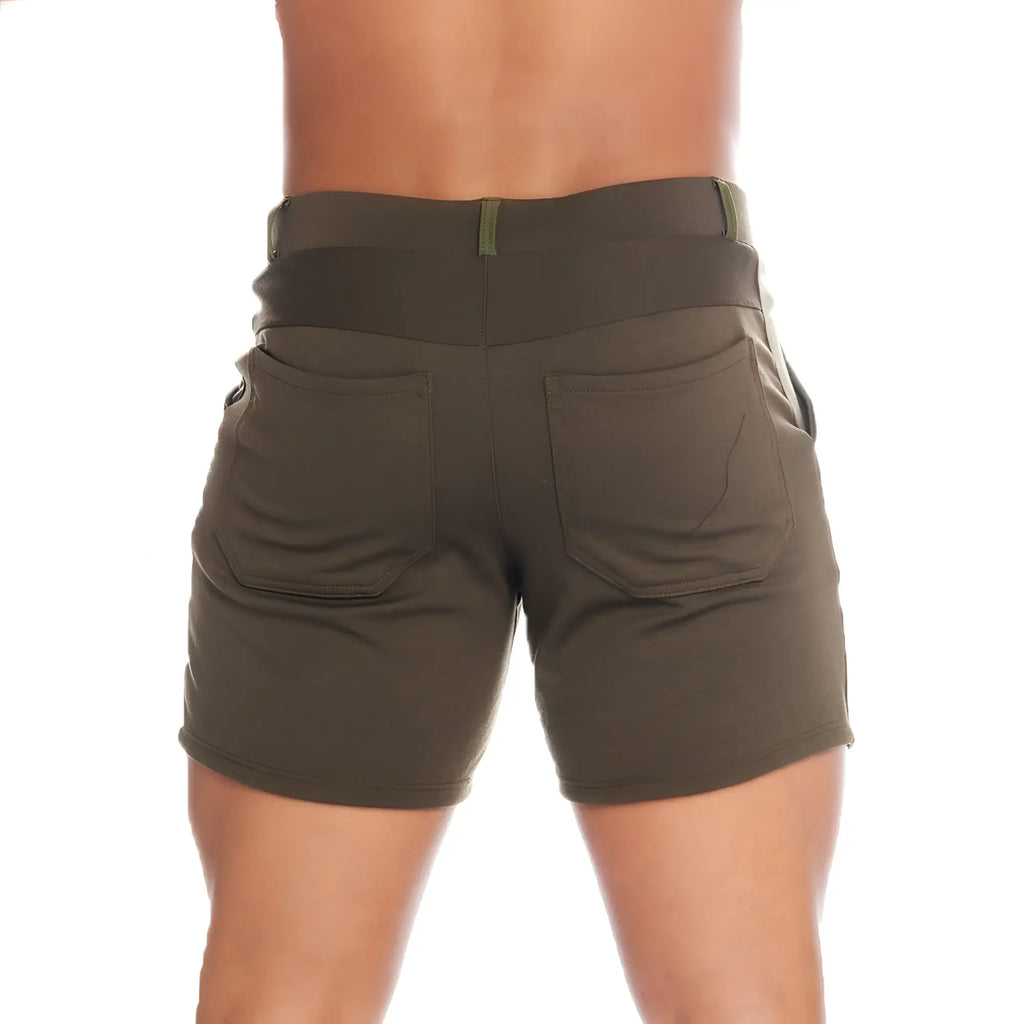 Olive green gigo cargo shorts showing the back with a wide elastic waistband and two pockets for athletic use