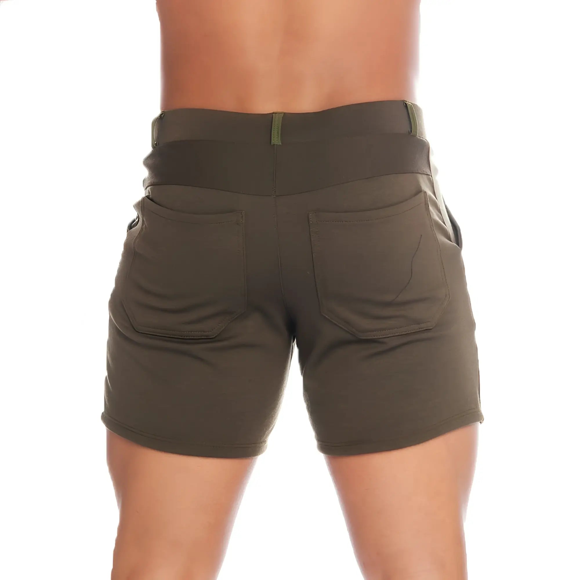 Olive green gigo cargo shorts showing the back with a wide elastic waistband and two pockets for athletic use