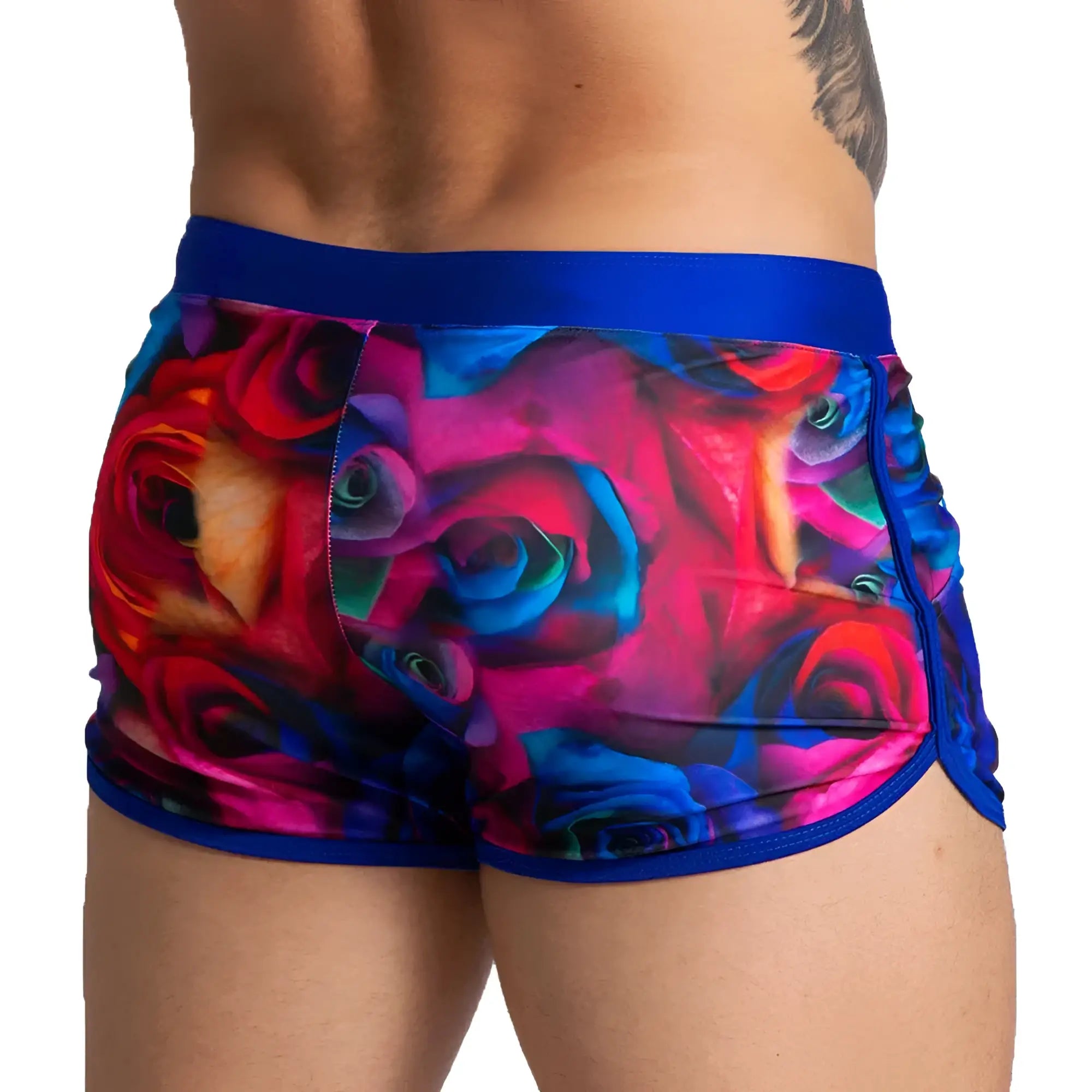 Gigo carnations beachwear vibrant multicolored rose-patterned men’s shorts with bold blue elastic waistband and trim