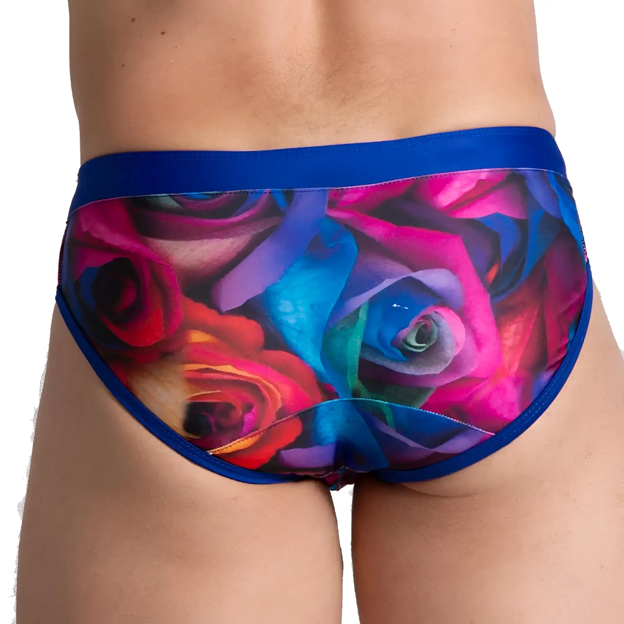 Vibrant multicolored rose print gigo carnations swim brief with solid blue waistband and trim for swimwear use