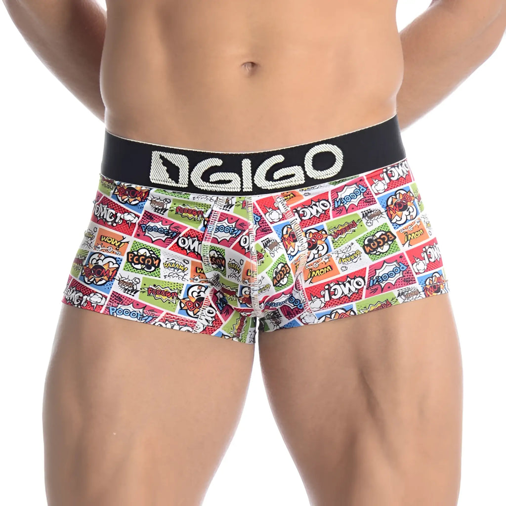 Vibrant comic book themed men’s boxer briefs with black waistband and gigo logo in white size l model g02003