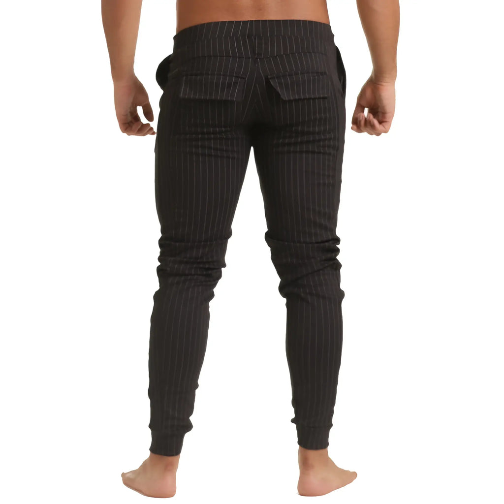 Black pinstripe slim fit joggers with elastic cuffs by gigo casual designed for comfortable sportwear