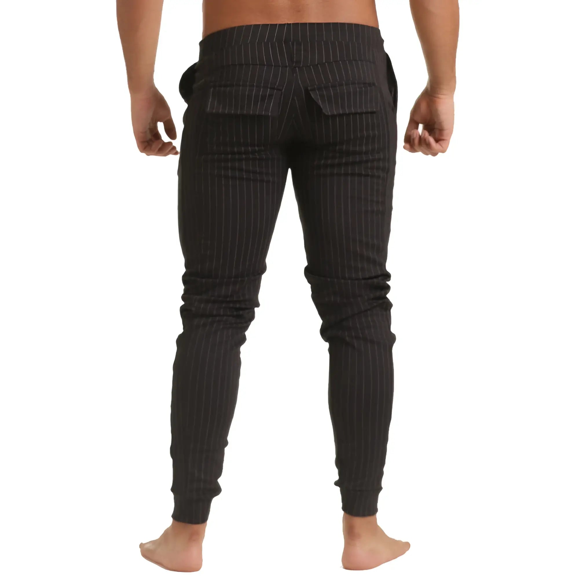 Black pinstripe slim fit joggers with elastic cuffs by gigo casual designed for comfortable sportwear