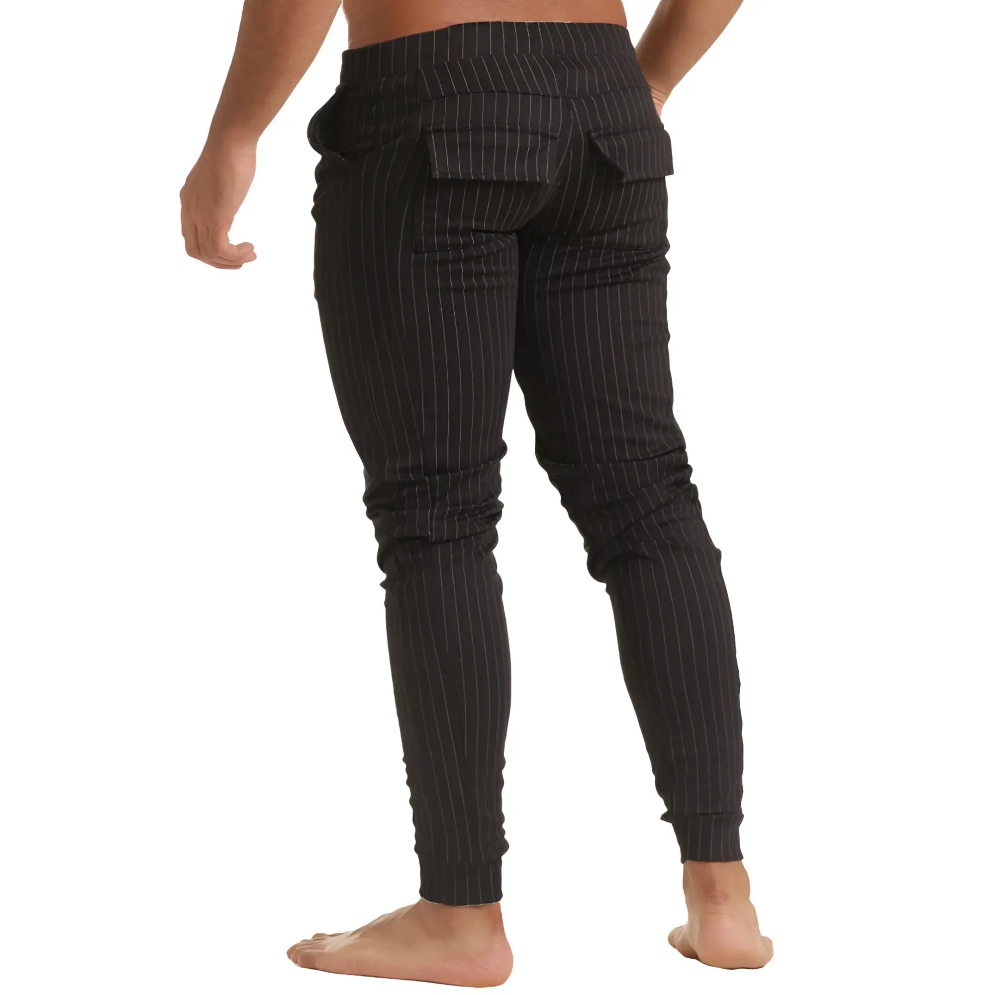 Black pinstripe slim-fit gigo casual sportpants showing back side with two pockets for a sleek sporty look