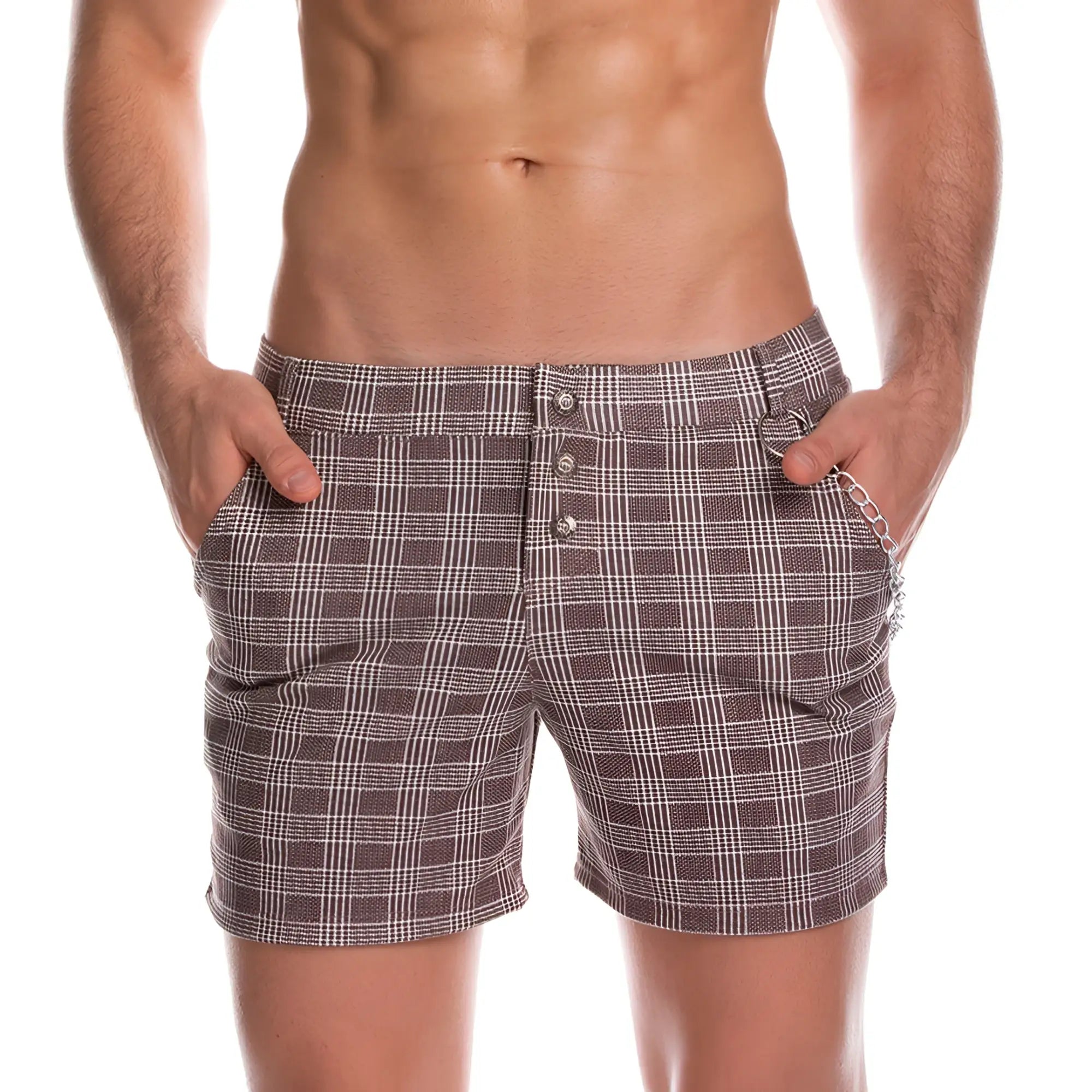 Gigo casual brown short brown and white plaid shorts with button closures for casual wear