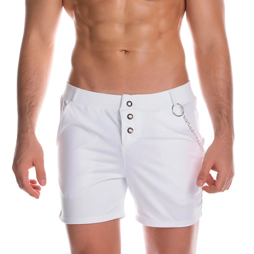 Gigo casual white men’s shorts with three silver buttons and a side chain detail for stylish casual wear