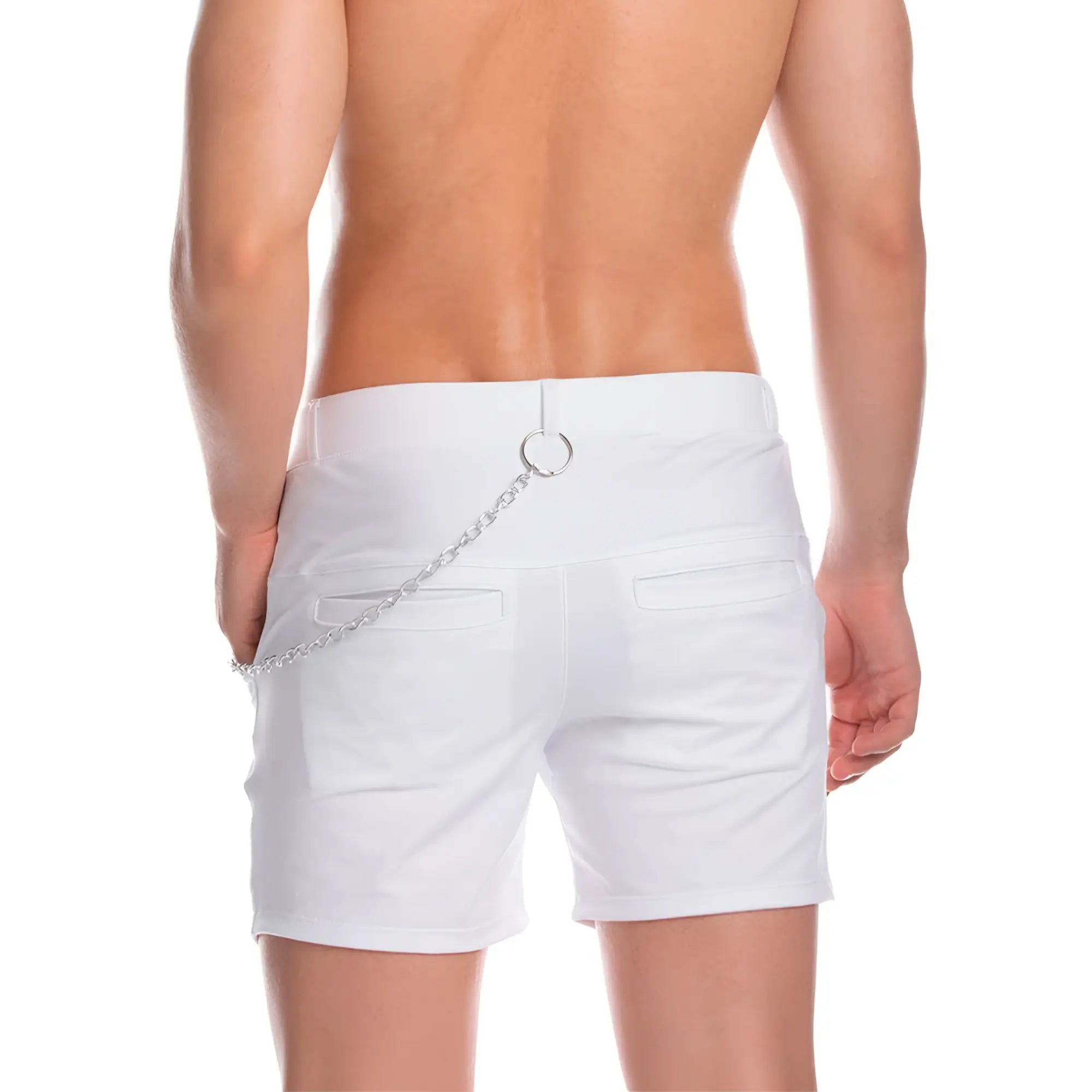 Back of gigo casual white shorts with silver chain and ring attached to the waistband for a stylish look