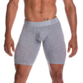 Gray heathered men’s boxer briefs with matching nico elastic waistband from the gigo cautious gray trunk long line