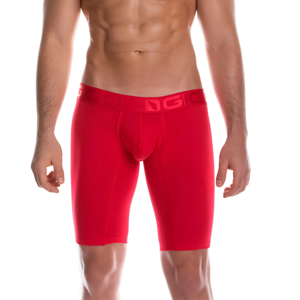 Red men’s athletic briefs with snug fit and elastic waistband featuring gigo brand logo in cautious red trunk long style