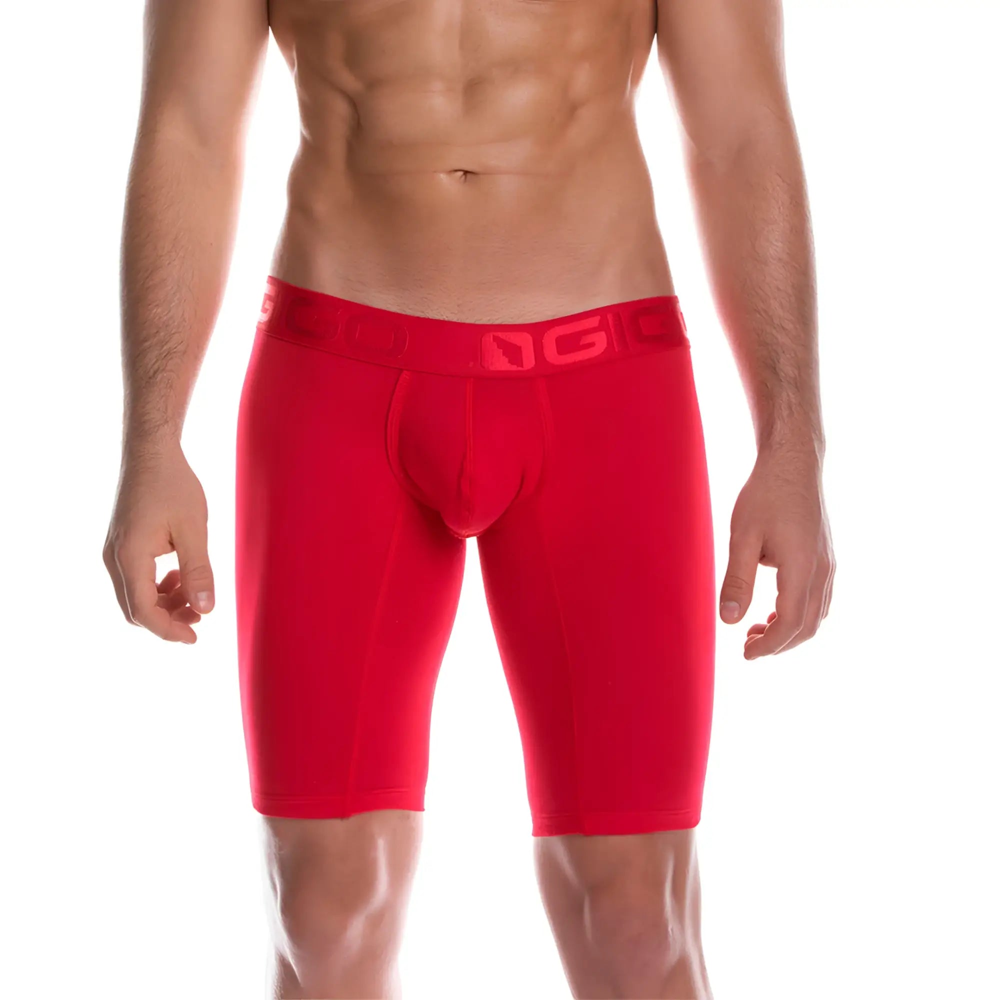 Red men’s athletic briefs with snug fit and elastic waistband featuring gigo brand logo in cautious red trunk long style