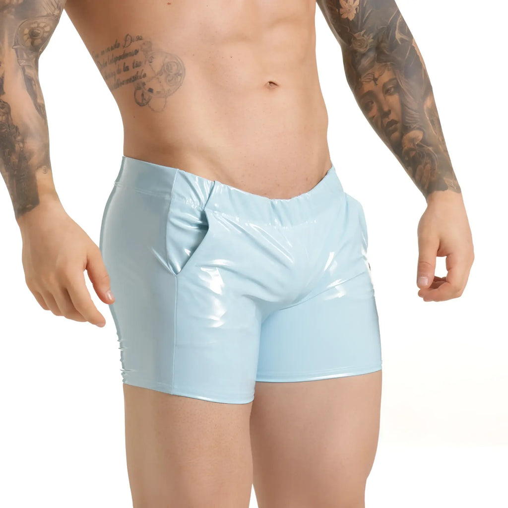 Light blue glossy latex gigo charol blue hotshorts with a sleek, form-fitting design for a stylish look