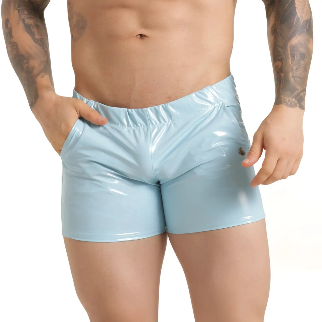 Light blue glossy latex shorts gigo charol blue hotshort with elastic waistband and side button detail