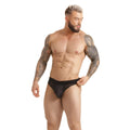 Black mesh briefs with solid black waistband from gigo clandestine brief collection showing front side detail
