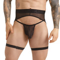 Black sheer mesh thong gstring with adjustable leg straps and branded gilbert belt waistband in back view