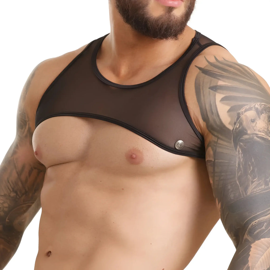 Black sheer mesh tank top with black trim and single silver button closure from Gigo Clandestine Harness collection