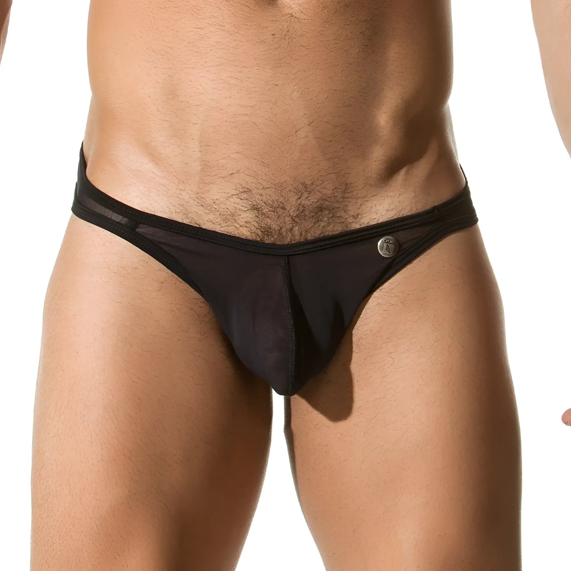 Black mesh thong gstring with a silver button on the side from gigo clarity collection