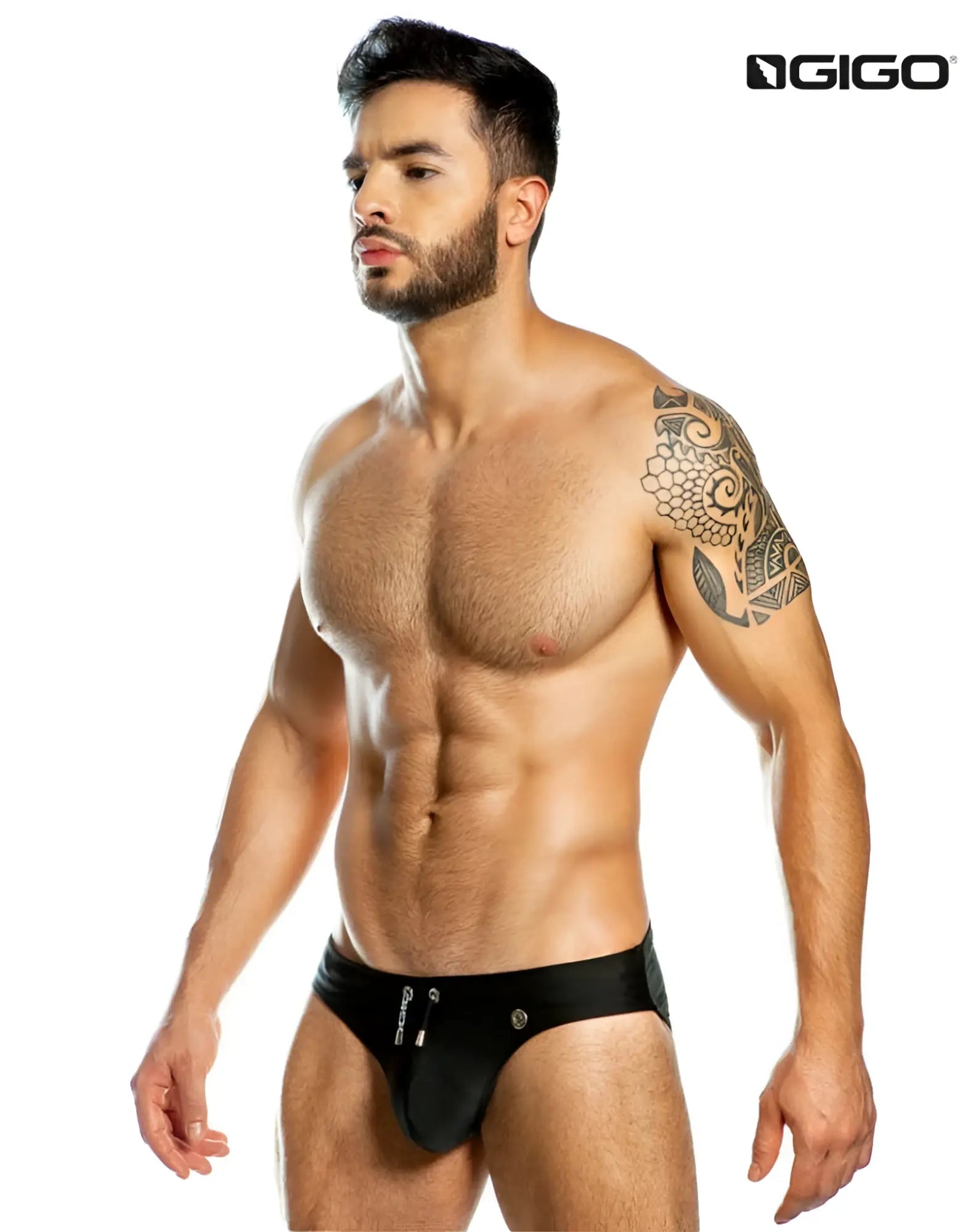 Black gigo classic bikini swim trunks size l with zipper and button closure for swimwear use