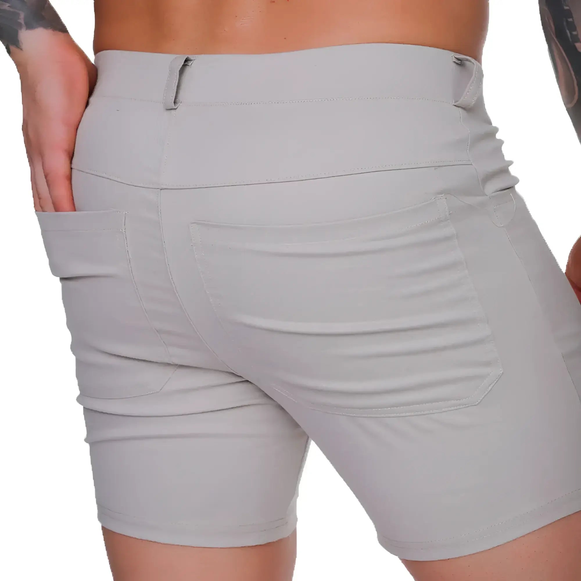Light gray high-waisted Gigo classic forever beige shorts with sleek design and subtle stitching details