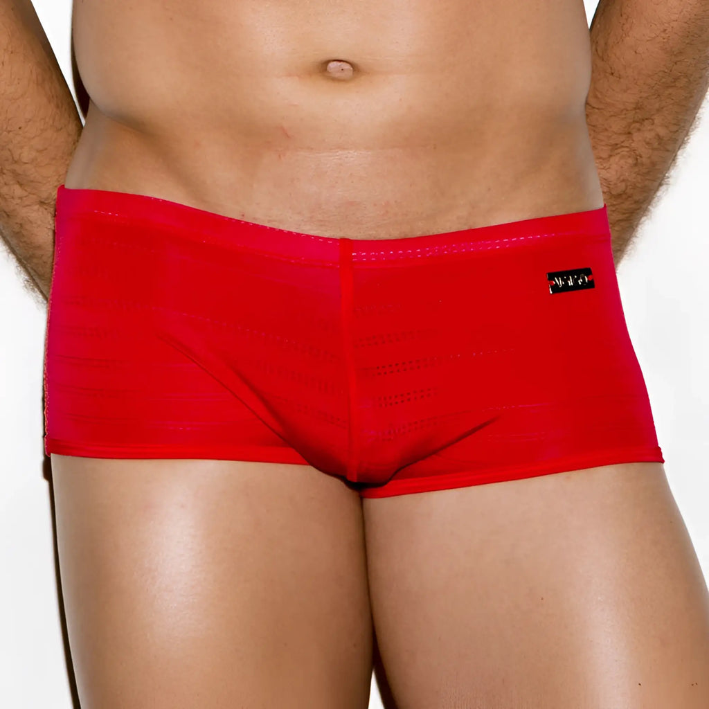 Bright red form-fitting gigo classic red short boxer underwear with subtle texture and black brand tag size M