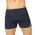 Navy blue gigo club blue short swim trunks with subtle gray and white striped side panel for casual swimming