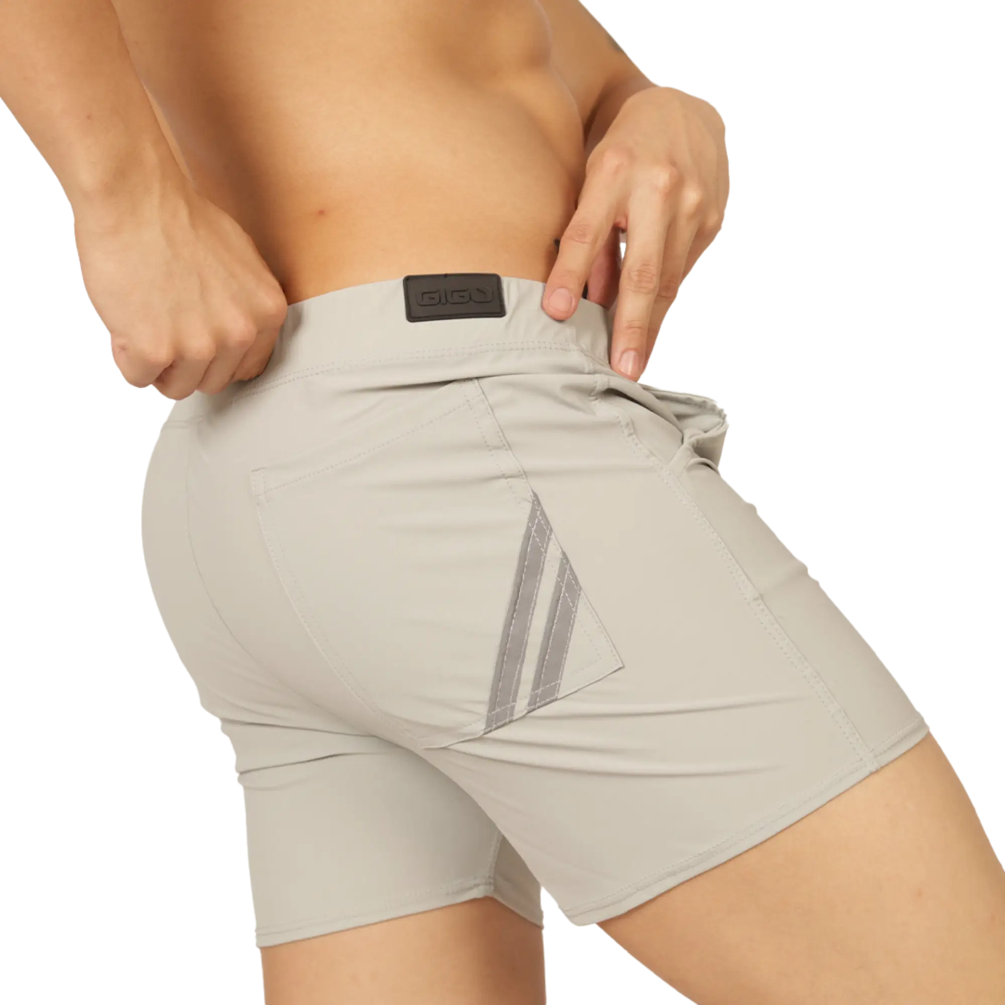 Beige gigo club gray athletic shorts back side with reflective diagonal stripes and black brand patch at waistband