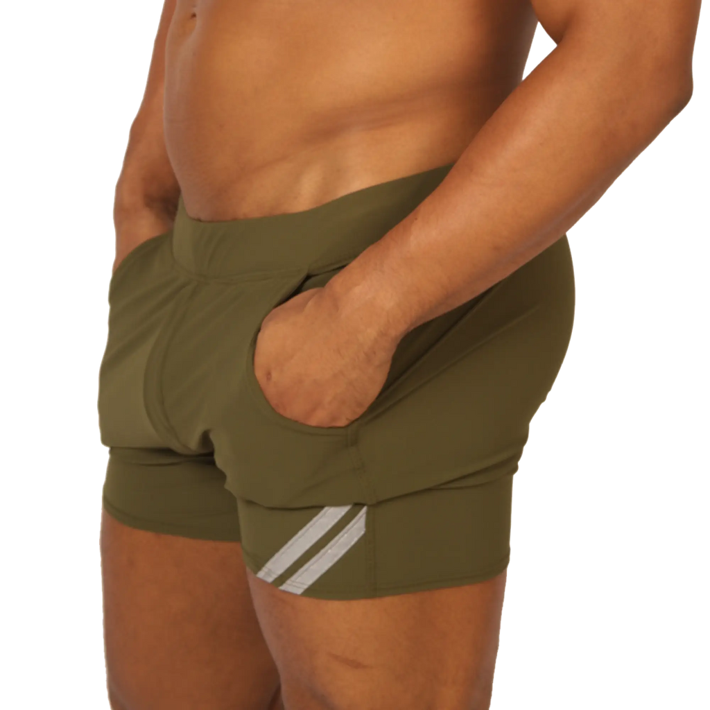 Olive green gigo club athletic shorts with white diagonal side stripes designed for active wear