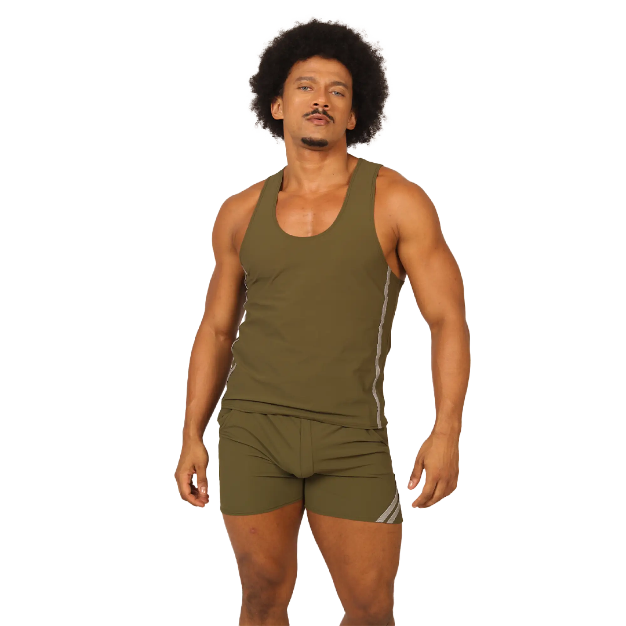 Olive green gigo club athletic tank top with white side stripes designed for activewear and comfort