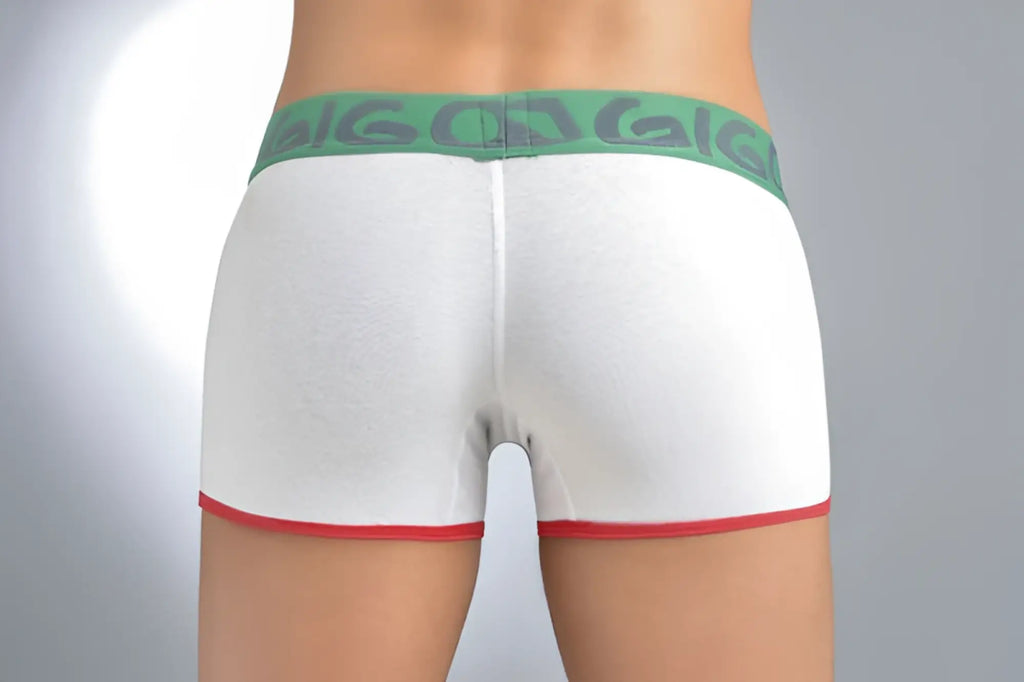 White boxer briefs gigo color with green calvin klein waistband and red trim in size xl for comfortable wear