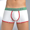 White gigo color short boxer underwear with red trim green waistband and gray logo size xl