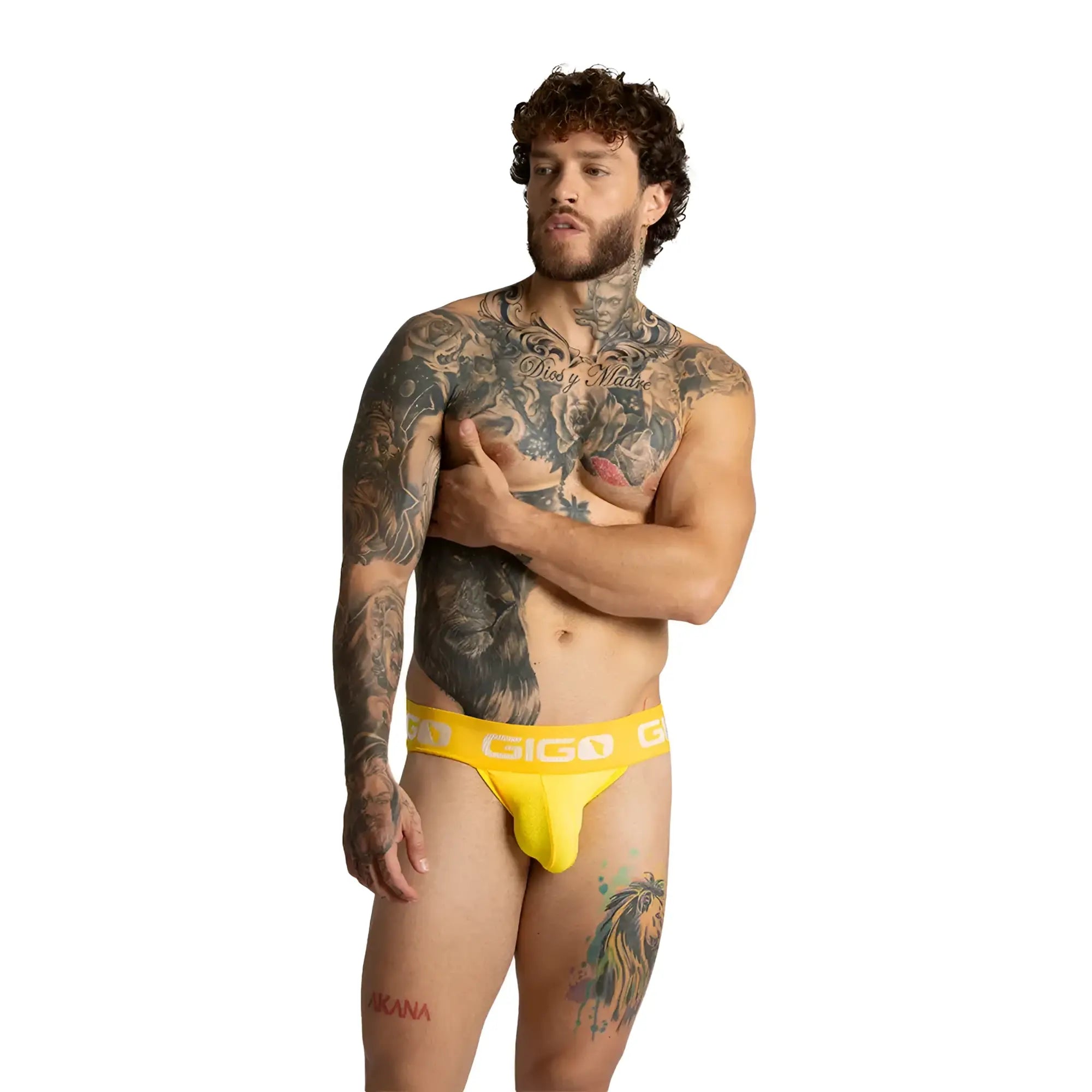 Bright yellow Gigo Colors yellow jock briefs with a bold contrasting logo band for comfortable everyday wear