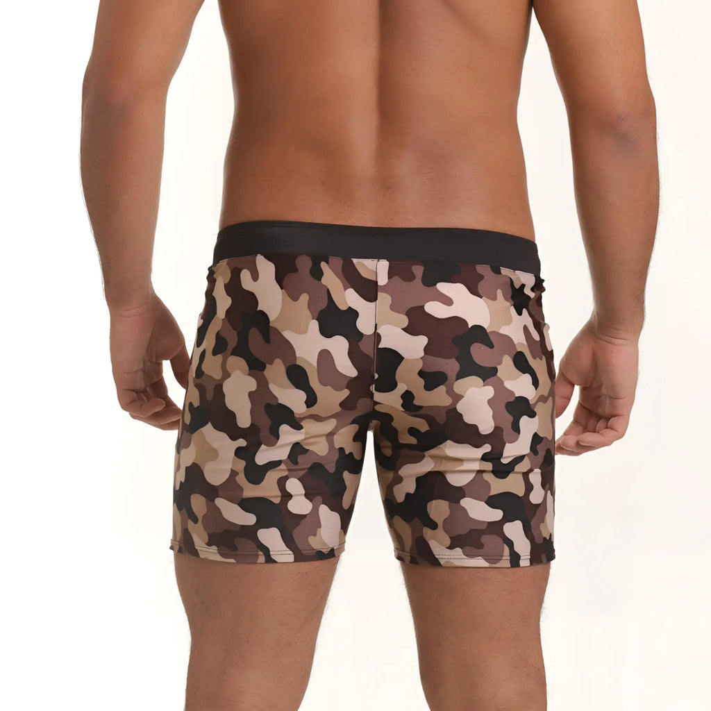 Men’s camouflage pattern briefs with black waistband in gigo combat brown beachwear for casual wear