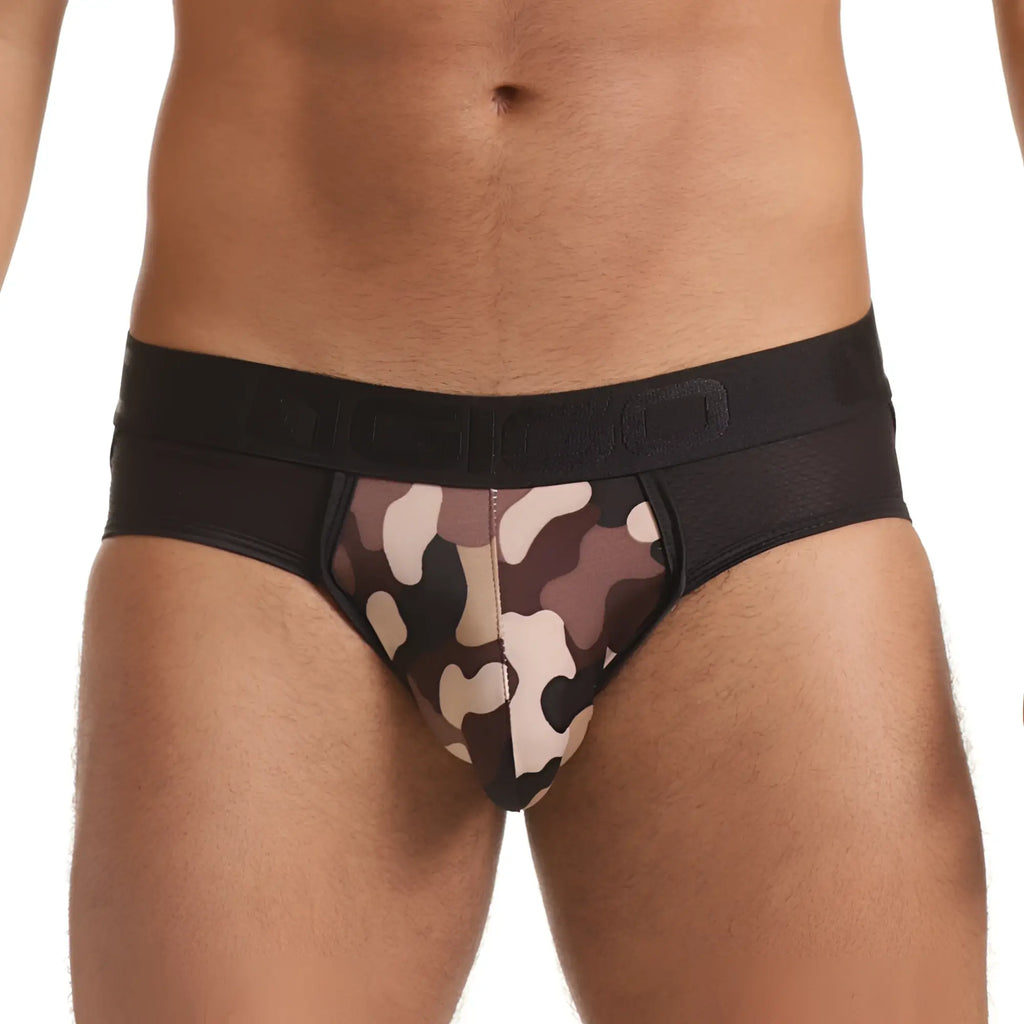 Men’s gigo combat brown brief jockstrap in black and beige camouflage with solid black waistband and supportive design