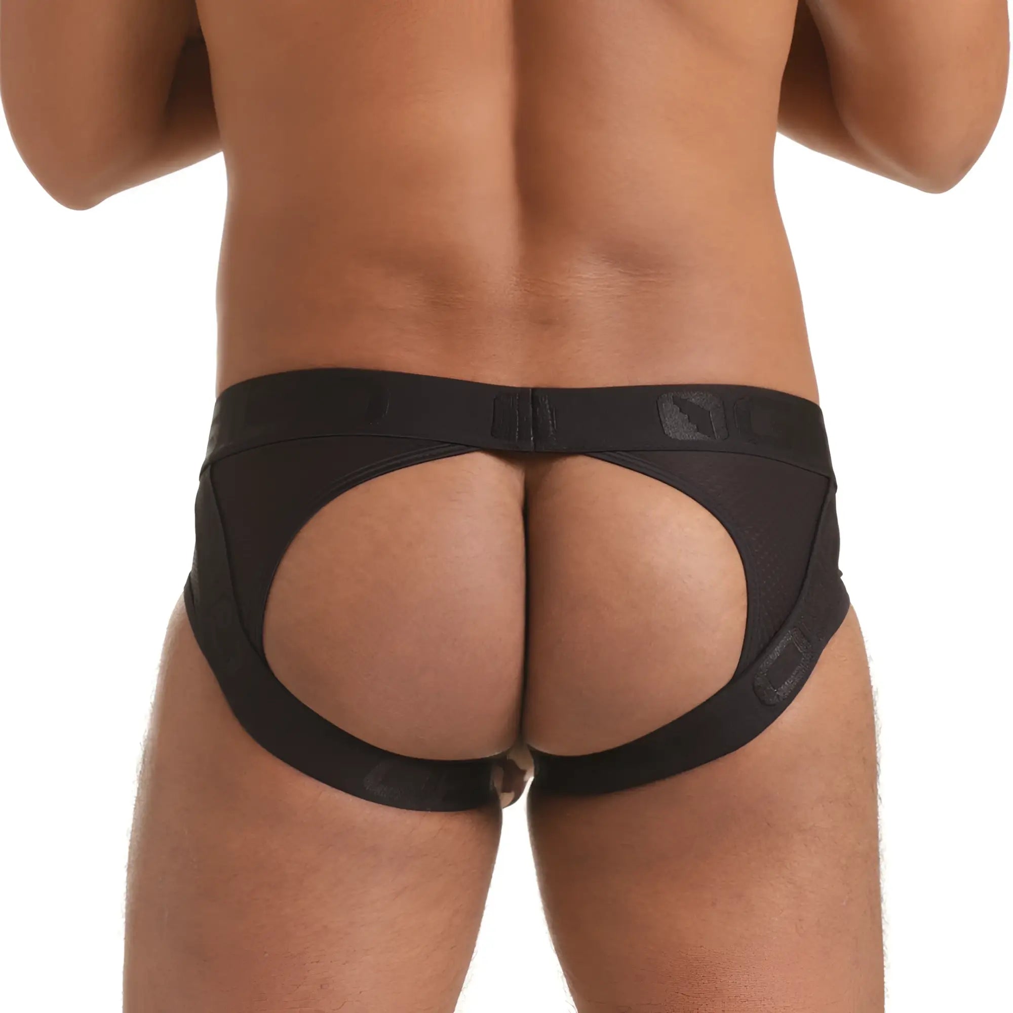 Black form-fitting gigo combat brown brief jockstrap with cut-out design sleek elastic waistband and subtle branding