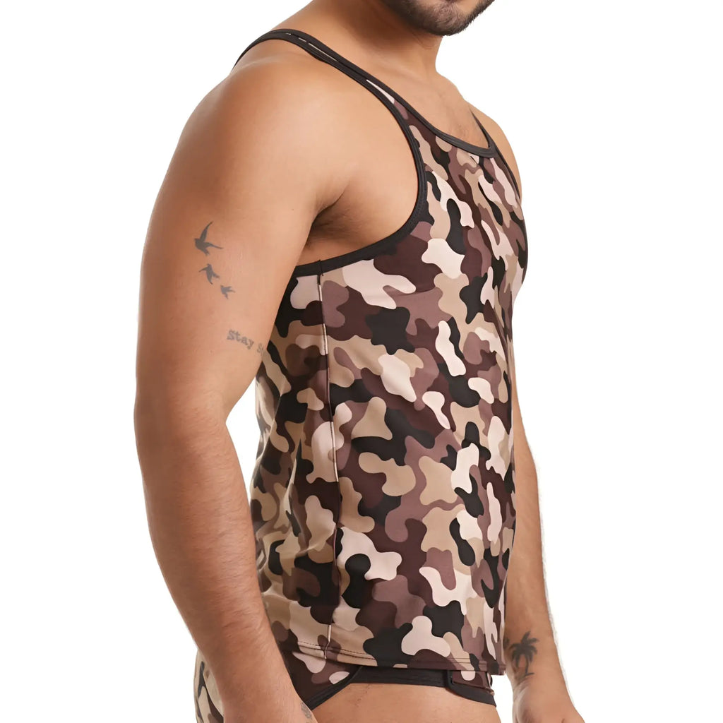 A men’s gigo combat brown tank camouflage tank top with black trim and brown beige dark gray splotches pattern