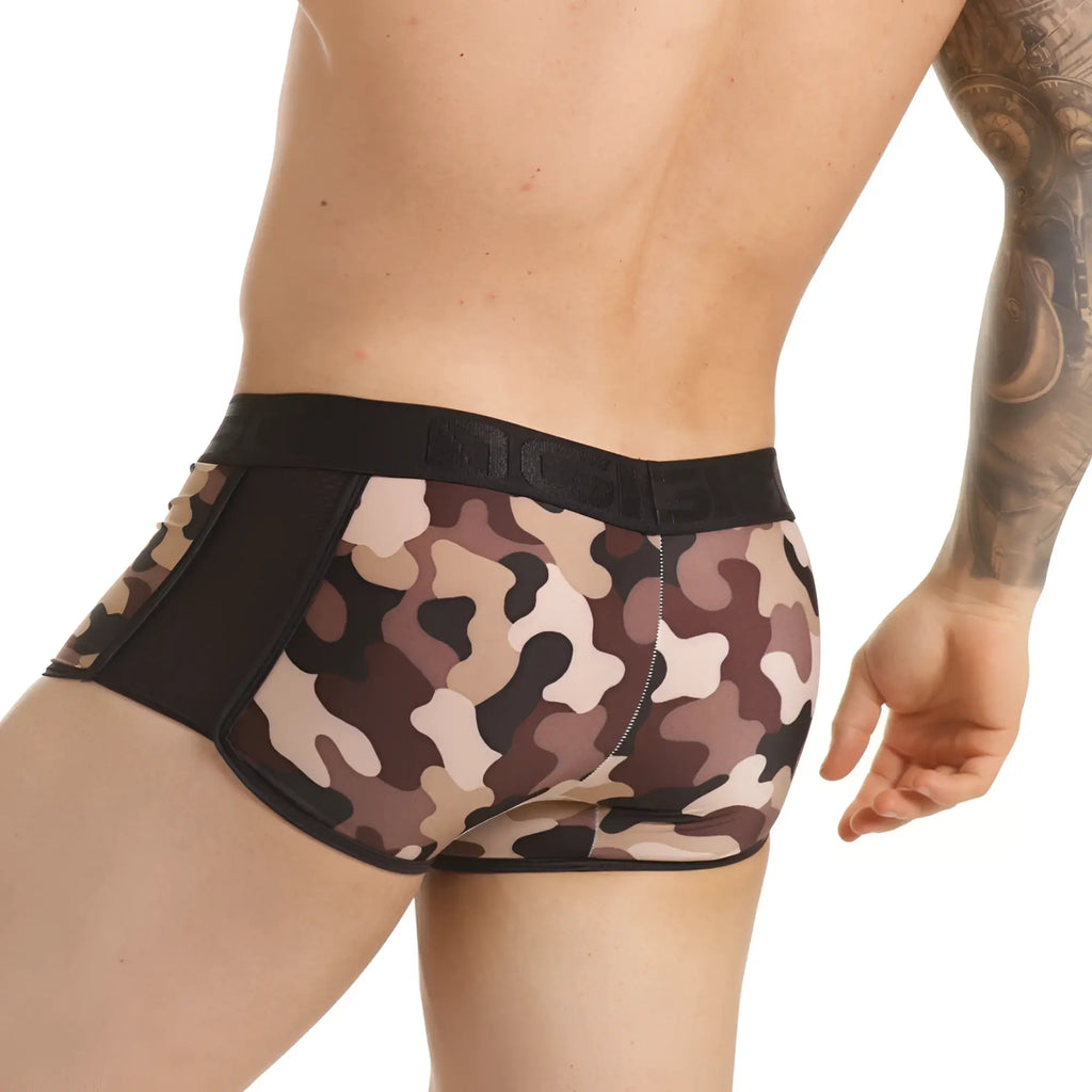 Brown and beige camouflage pattern gigo combat brown trunk briefs with black elastic waistband