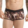 Camouflage-patterned men’s briefs with black elastic waistband and trim in gigo combat brown trunk design