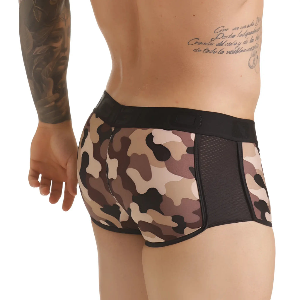 Camouflage patterned men’s briefs with black elastic waistband and mesh paneling in gigo combat brown trunk design