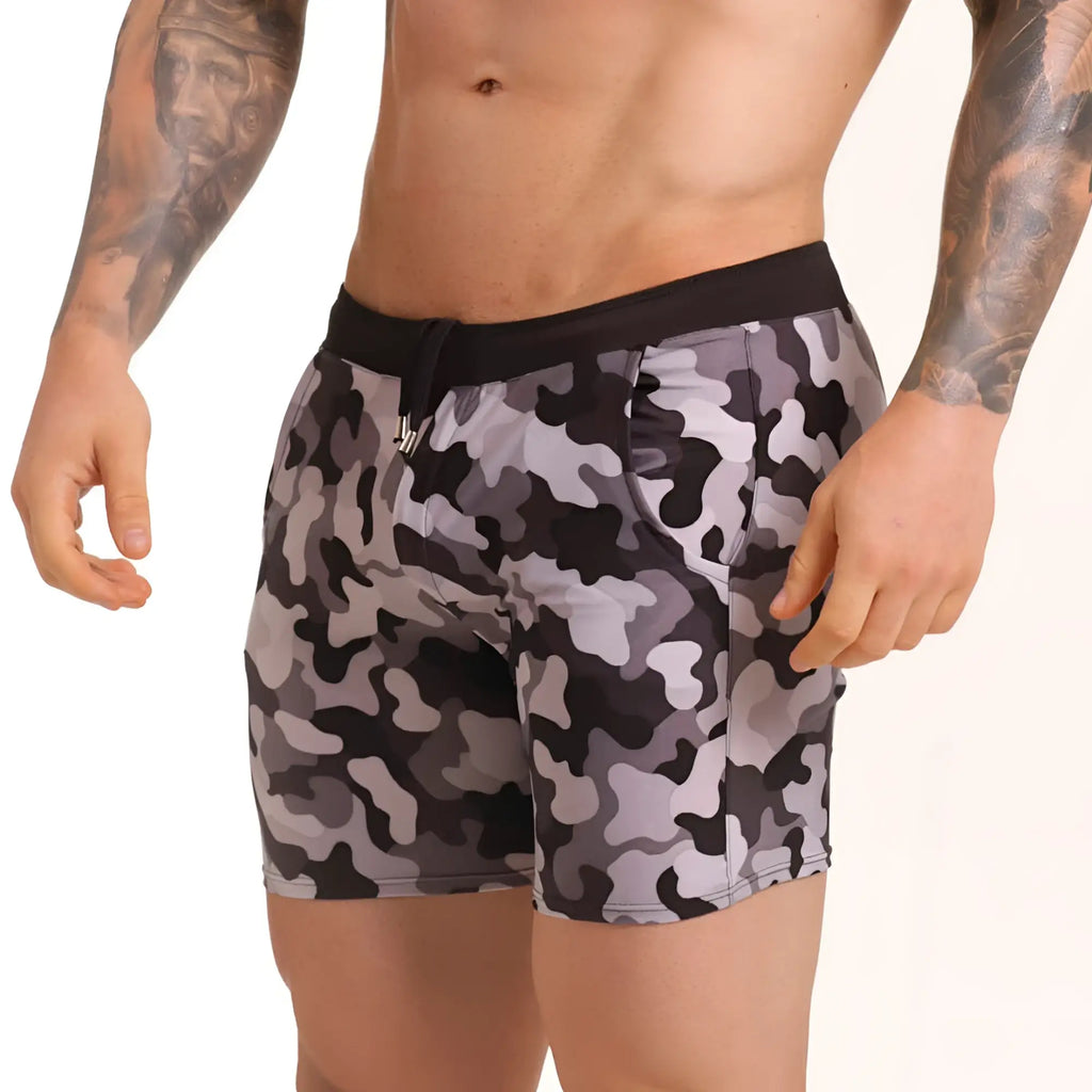 Gigo combat gray beachwear black and gray camouflage shorts with black elastic waistband for beachwear use