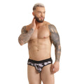 Gigo combat gray brief camouflage patterned briefs in black and gray with a solid black waistband front view